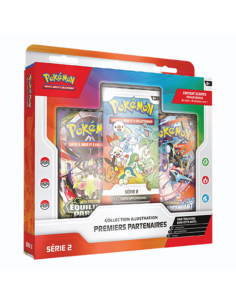 Image du coffret Premier Partenaire en biais, avec un booster ME03, un booster ME04 et le booster Premiers Partenaires Série 2