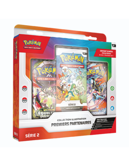 Image du coffret Premier Partenaire en biais, avec un booster ME03, un booster ME04 et le booster Premiers Partenaires Série 2