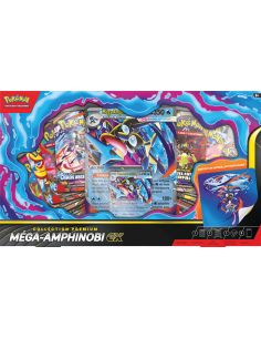 Image du Coffret Premium Mega Amphinobi. On y voit la carte Promo Amphinobi, la carte Jumbo et les 8 boosters