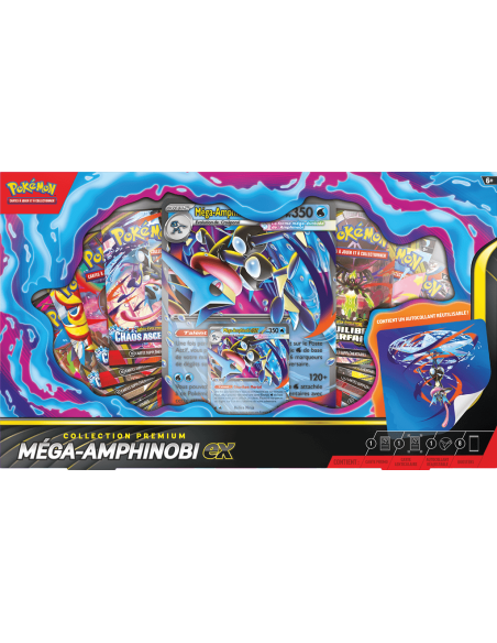Image du Coffret Premium Mega Amphinobi. On y voit la carte Promo Amphinobi, la carte Jumbo et les 8 boosters