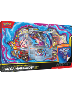 Image du Coffret Premium Mega Amphinobi. On y voit la carte Promo Amphinobi, la carte Jumbo et les 8 boosters 2