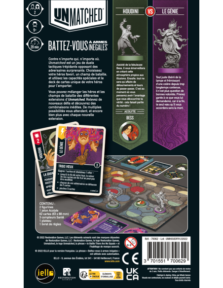 Unmatched : Houdini VS Génie - Jeux de société - Jeux 2 Joueurs - dos de la boîte Unmatched : Houdini VS Génie - Jeux de société - Jeux 2 Joueurs - dos de la boîte