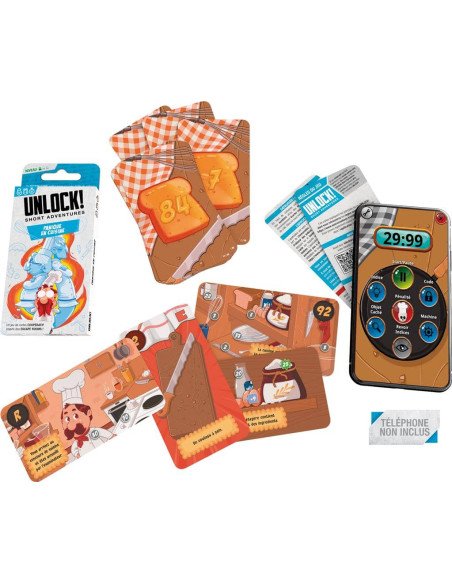 Unlock! Short Adventures : Panique en Cuisine - Jeux de société - Jeux d'Enquêtes - cover - couverture - boîte - contenu