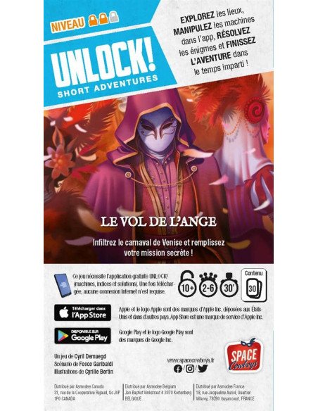 Unlock! Short Adventures : Le Vol de l'Ange - Jeux de société - Jeux d'Enquêtes - dos de la boîte Unlock! Short Adventures : Le Vol de l'Ange - Jeux de société - Jeux d'Enquêtes - dos de la boîte