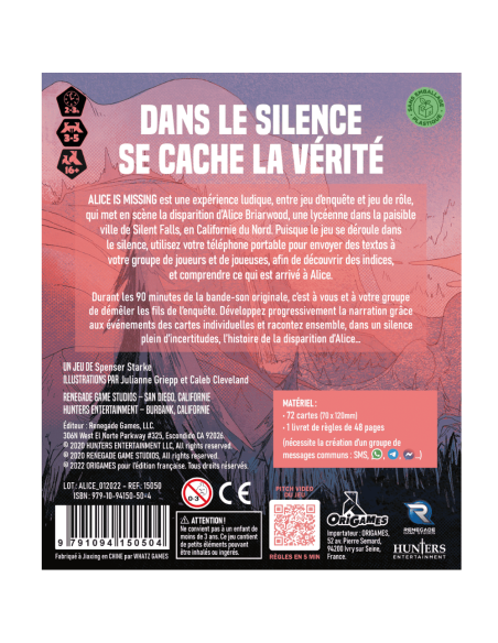 Alice is Missing - Jeux de société - Jeux d'Enquête - dos de la boîte Alice is Missing - Jeux de société - Jeux d'Enquête - dos de la boîte