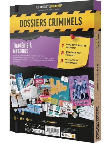 Dossiers Criminels : Tragédie à Mykonos - Jeux de société - Jeux d'Enquêtes - dos de la boîte Dossiers Criminels : Tragédie à Mykonos - Jeux de société - Jeux d'Enquêtes - dos de la boîte
