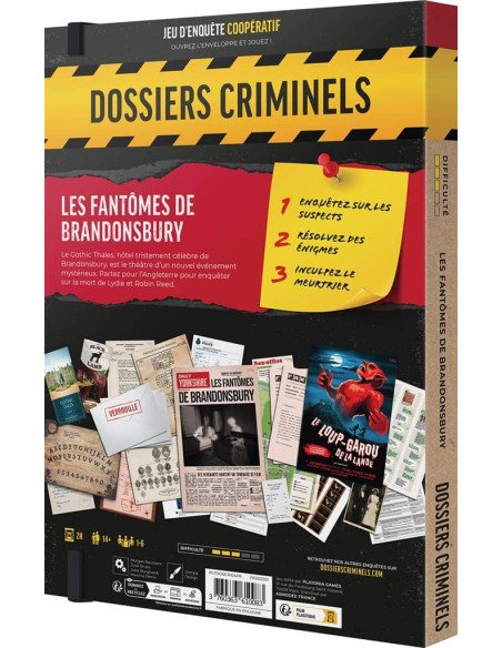Dossiers Criminels : Les Fantômes de Brandonsbury - Jeux de société - Jeux d'Enquêtes -  dos de la boîte Dossiers Criminels : Les Fantômes de Brandonsbury - Jeux de société - Jeux d'Enquêtes -  dos de la boîte