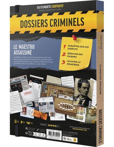 Dossiers Criminels : Le Maestro Assassiné - Jeux de société - Jeux d'Enquêtes - dos de la boîte Dossiers Criminels : Le Maestro Assassiné - Jeux de société - Jeux d'Enquêtes - dos de la boîte
