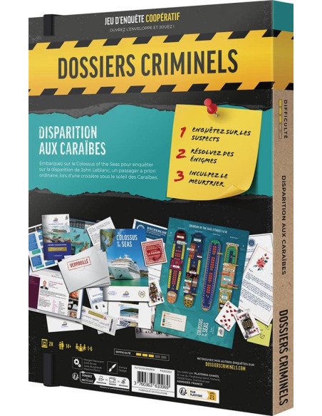 Dossiers Criminels : Disparition aux Caraïbes - Jeux de société - Jeux d'Enquêtes - dos de la boîte