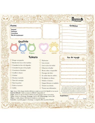 Donjons et Chatons - Jeux de Rôles - Jeux Familiaux - contenu - matériel - fiche personnage