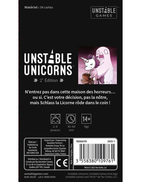 Unstable Unicorns : Cauchemars - Extention - Jeu de société - Ambiance - Boite - Illustration - Couverture - Dos - Règles
