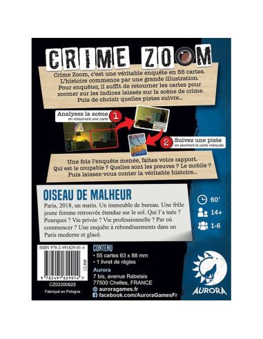 Crime Zoom : Oiseau de Malheur - Jeu d'enquète - Boite - Paris - Règles - Matériel