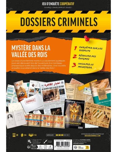 Dossier Criminel : Mystère dans la vallée des rois - jeux de société - enquète - pieces à conviction  - Dos du dossier Dossier Criminel : Mystère dans la vallée des rois - jeux de société - enquète - pieces à conviction  - Dos du dossier
