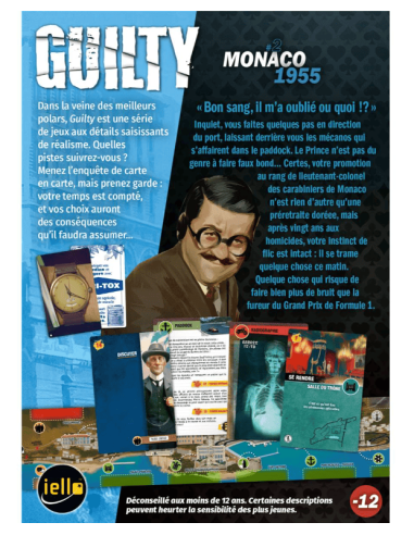 Guilty : Monaco 1955 - Jeux d'Enquêtes - visuel du dos de la boîte Guilty : Monaco 1955 - Jeux d'Enquêtes - visuel du dos de la boîte